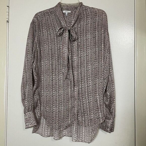 REISS Pink Chiffon Button front long sleeve tie collar metallic trim blouse US 6 - Picture 4 of 7